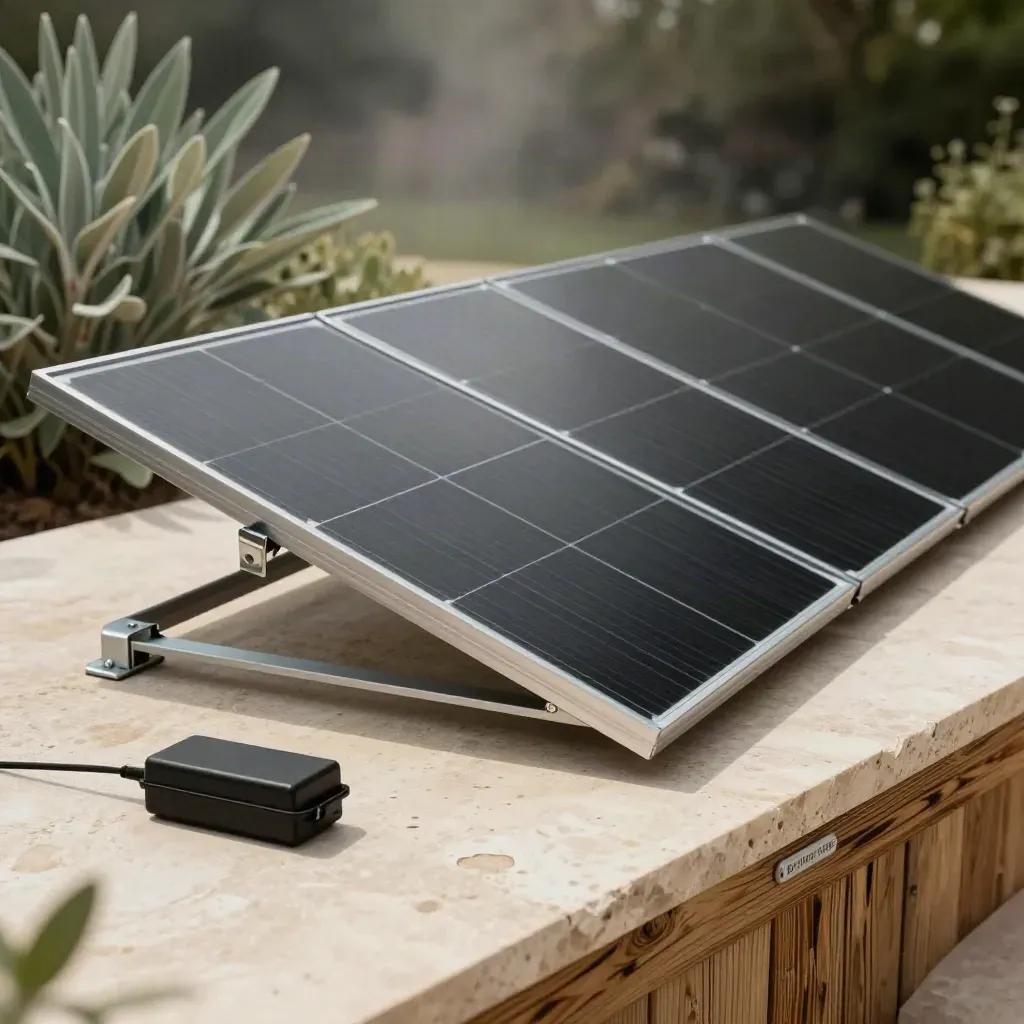 Six matte-black solar panels, rails and clamps fanned on pale travertine stone