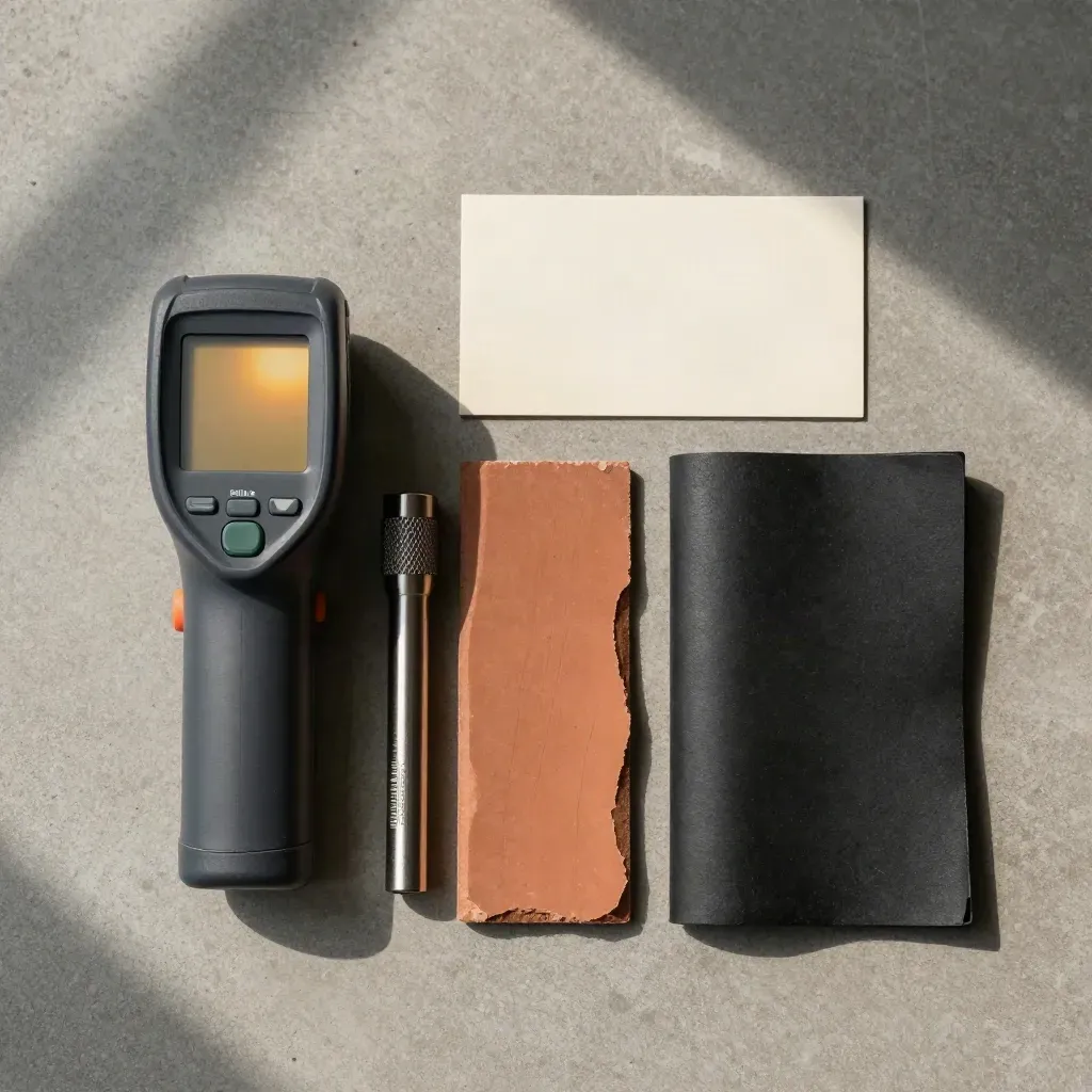 Overhead kit with thermal scanner, torch, roof tile sample and mat on concrete.