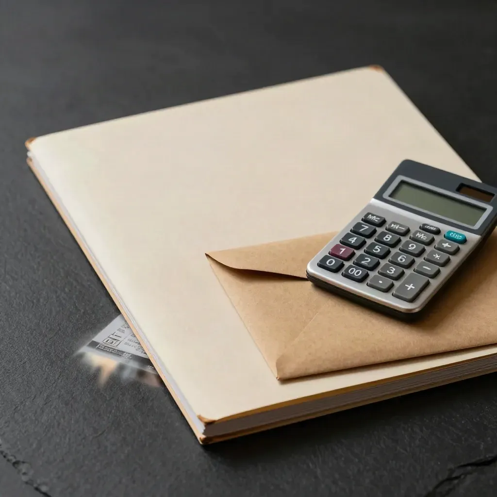 Three review items on slate: folders, calculator, and a turned envelope in dramatic studio light.