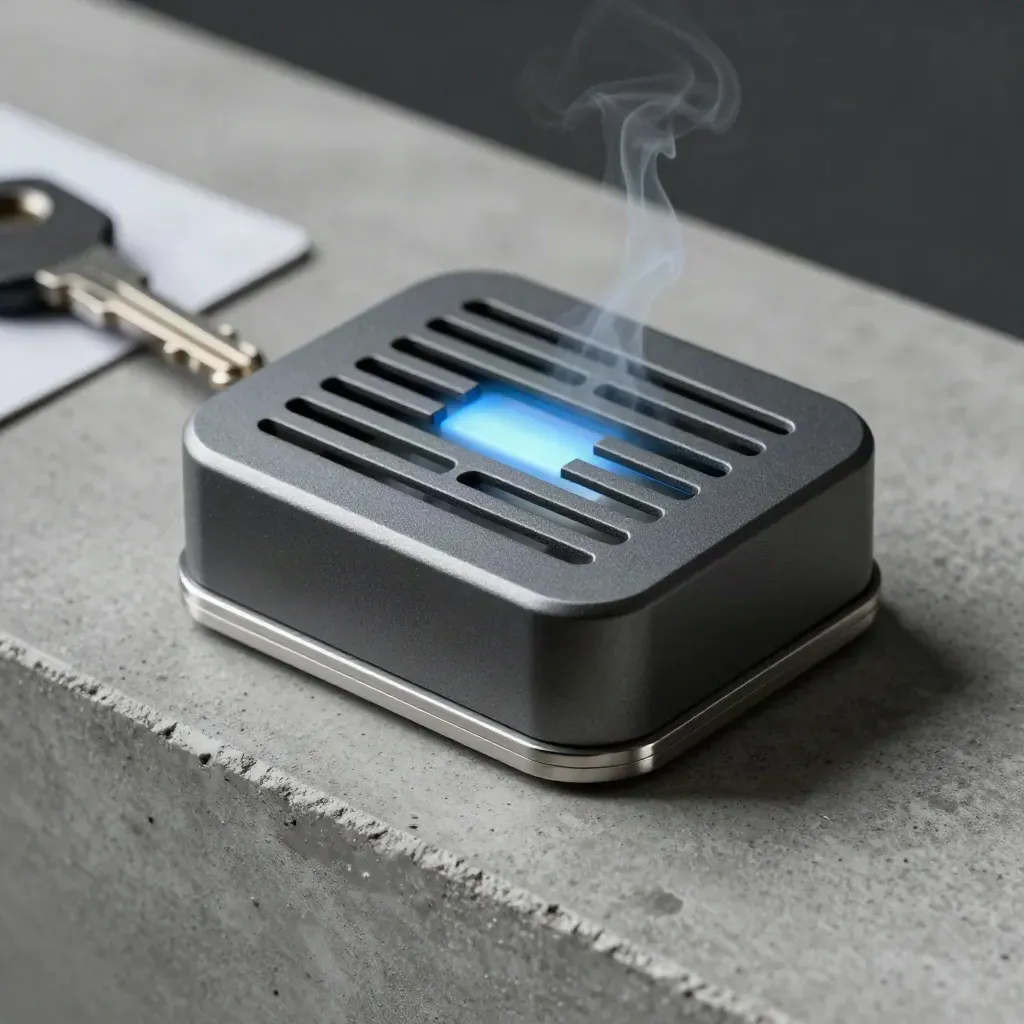 Macro of a battery health check module with vent grille, glowing puck and metal cradle