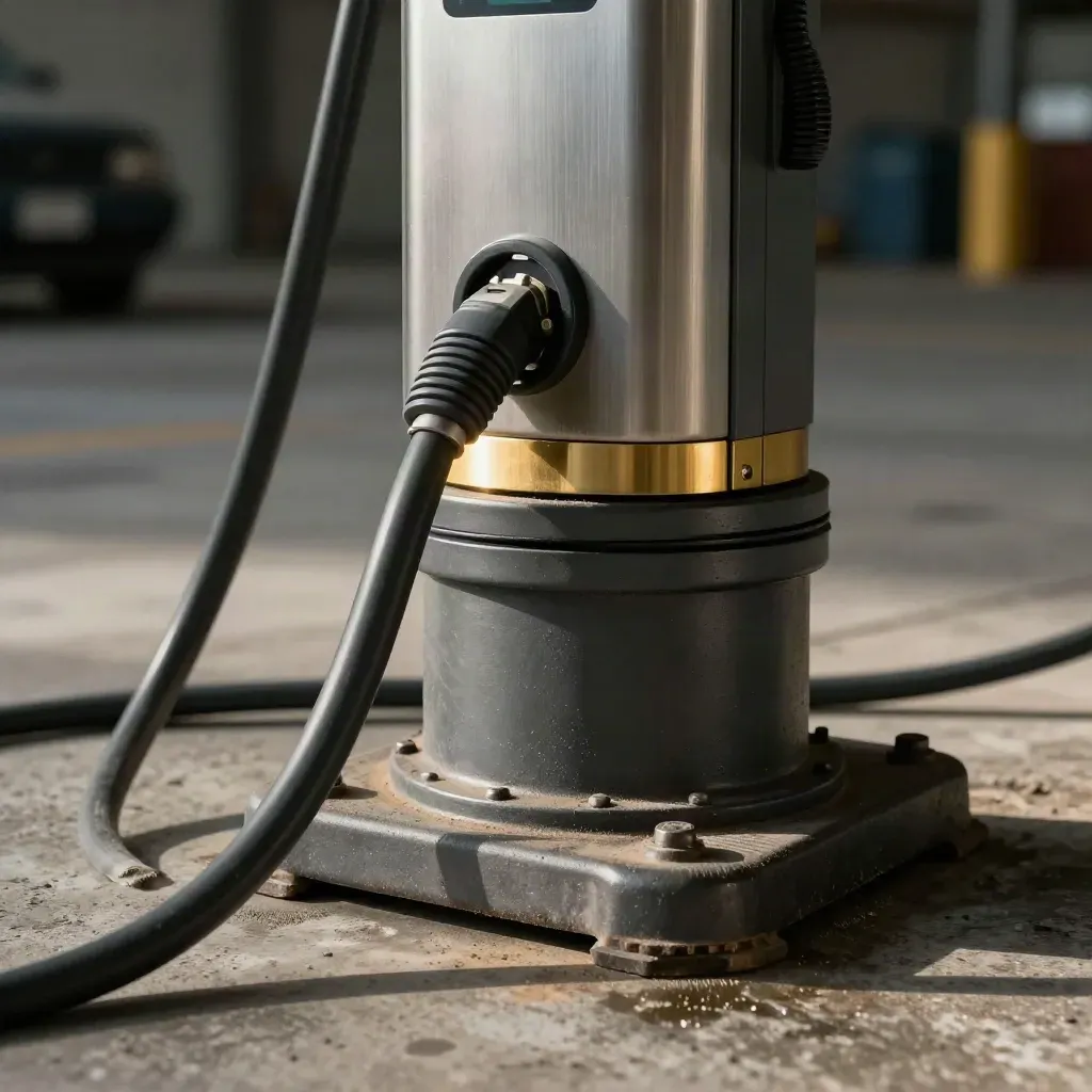 Extreme macro of a fleet EV charger pedestal with cable loop, conduit and sun-gold accent on concrete.