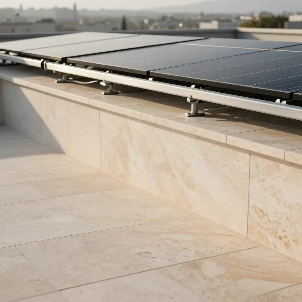 Travertine rooftop terrace with solar panel edges in morning light and calm stone copy space