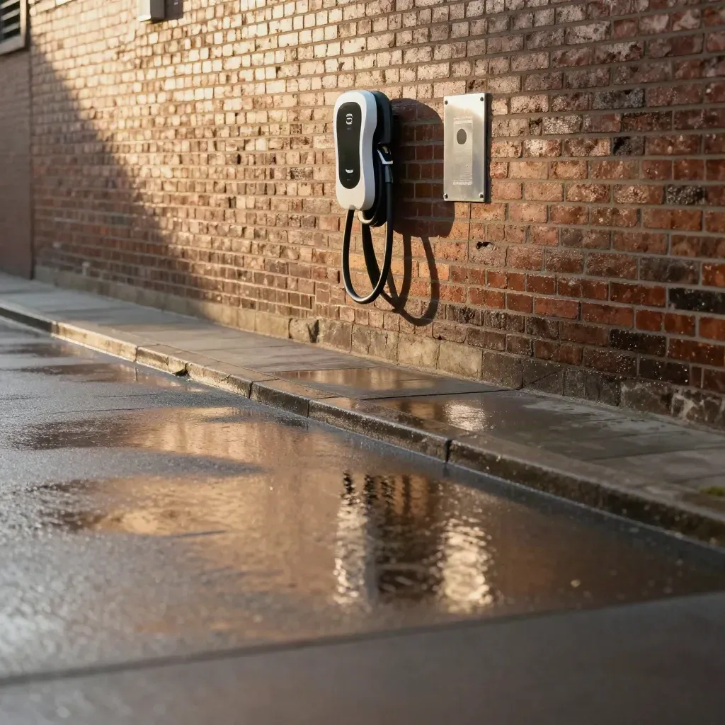 Wet brick laneway EV charging bay glowing at golden hour with puddle reflections.