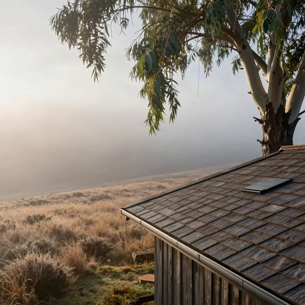 Foggy hillside roofline in eucalyptus at sunrise, with calm misty valley space for copy.