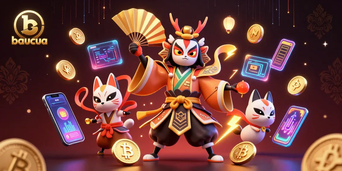 Baucua game illustration with a kabuki crane and kitsune mask surrounded by crypto elements and vibrant energy.