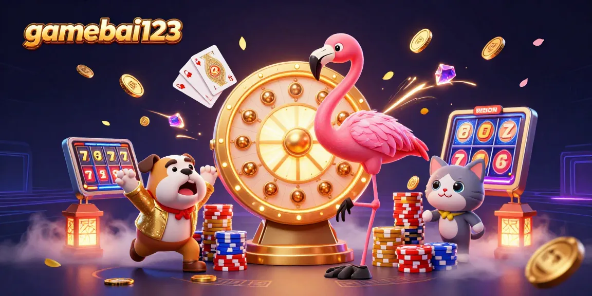 gamebai123 features an energetic casino scene with a flamingo host, bulldog contestant, and shiny prizes