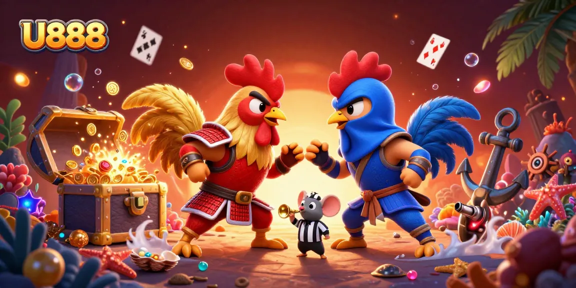 Experience thrilling gameplay at U888 featuring dramatic rooster showdown in a vibrant casino setting.