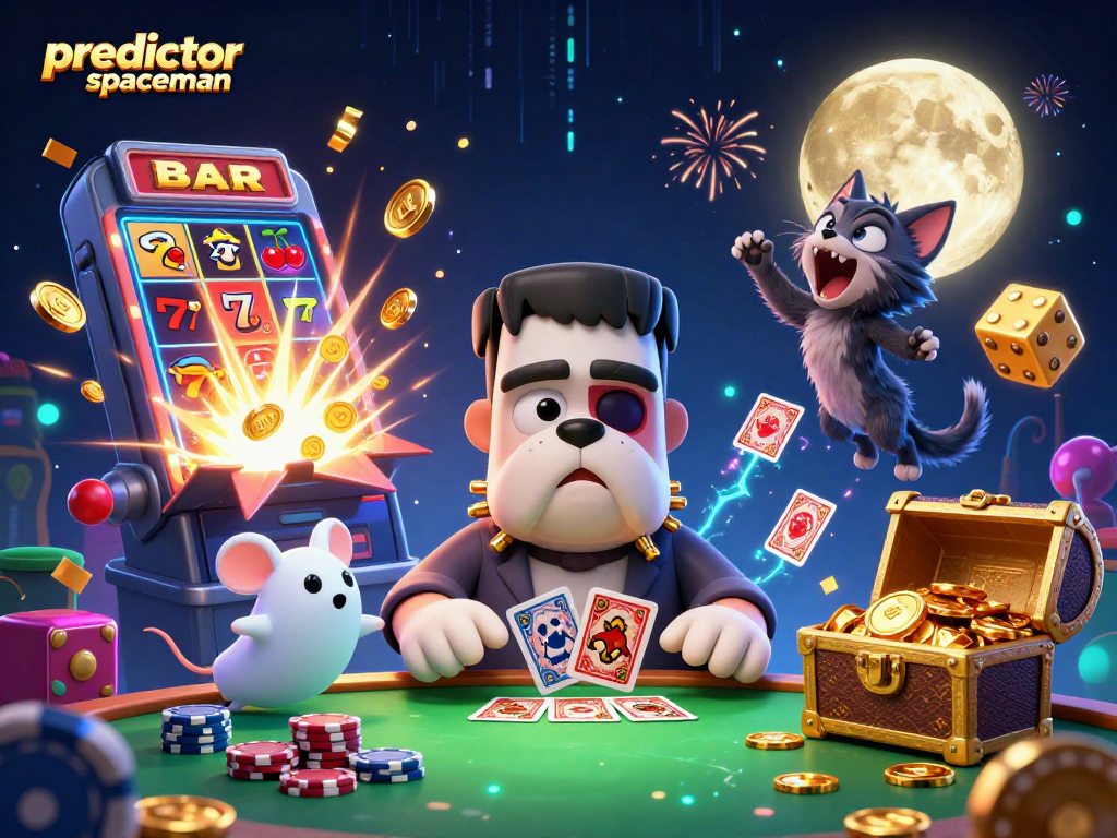 Engage with predictor spaceman in this vibrant, dynamic casino scene of 3D cartoon characters.