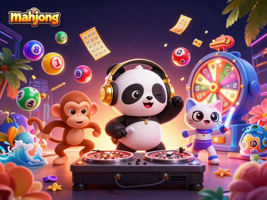 Engage in mahjong action with DJ panda and friends amidst dynamic casino elements.