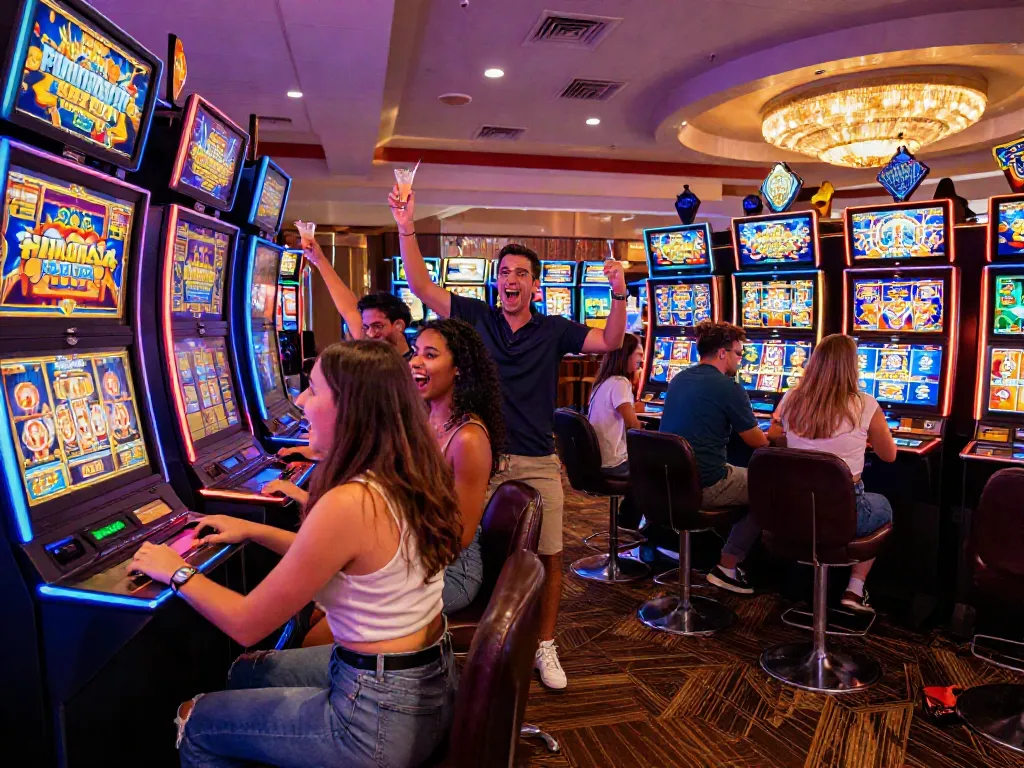 Friends celebrating a win at colorful slot machines in a lively casino environment, showcasing excitement around สล็อตเว็บตรง games