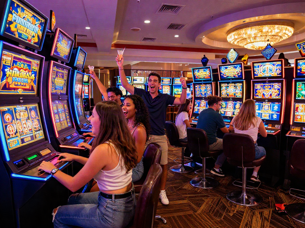 Friends celebrating a win at colorful slot machines in a lively casino environment, showcasing excitement around สล็อตเว็บตรง games