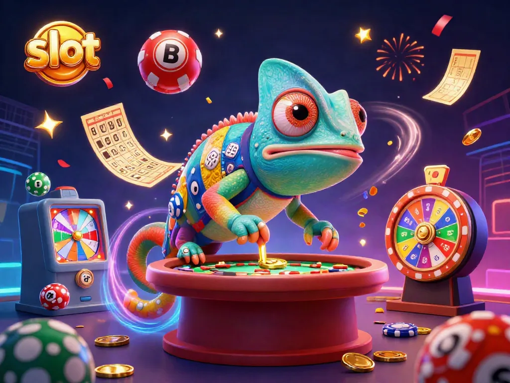 A dynamic scene featuring a chameleon casino owner surrounded by colorful lottery balls and slot elements.