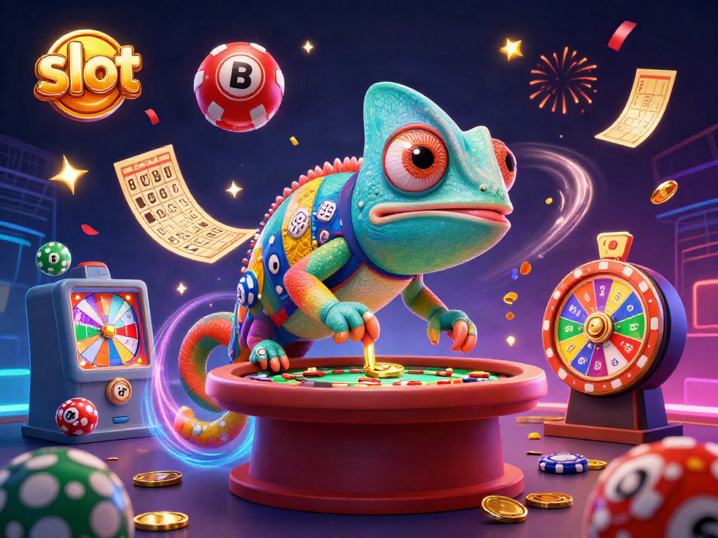 A dynamic scene featuring a chameleon casino owner surrounded by colorful lottery balls and slot elements.
