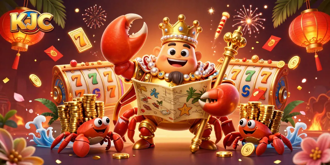 KJC showcases a golden crab emperor surrounded by vibrant gambling elements, symbolizing fortune.
