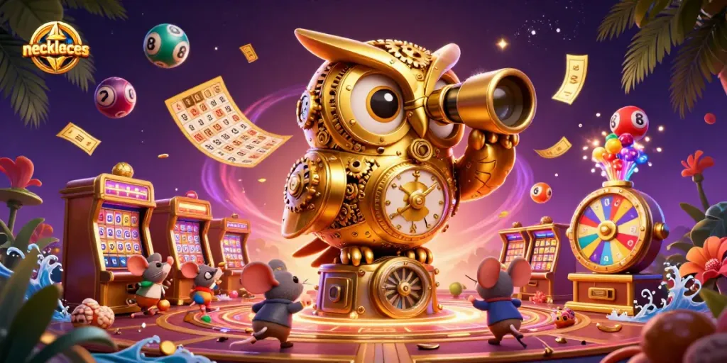 Experience the thrill of winning with necklaces showcased in a fantastical casino scene.