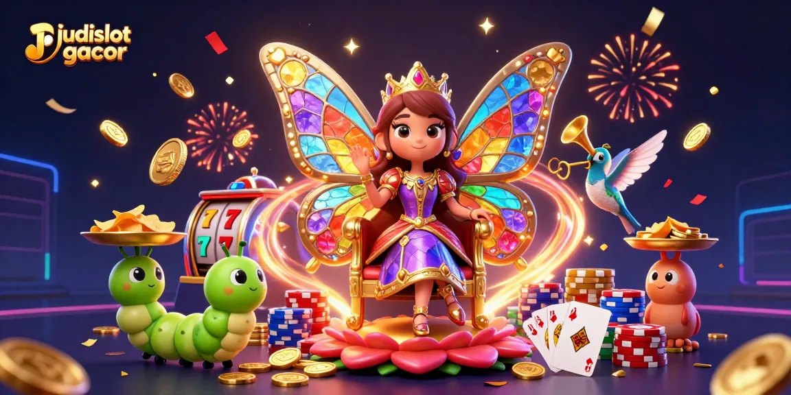 Menggoda kemenangan di judi slot gacor dengan ilustrasi ratu kupu-kupu dan elemen permainan yang menarik.