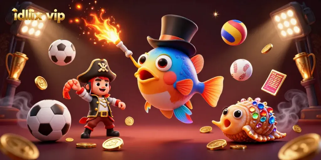 Experience the thrill of idlix vip with a cartoon anglerfish surrounded by golden coins and lively sports elements.