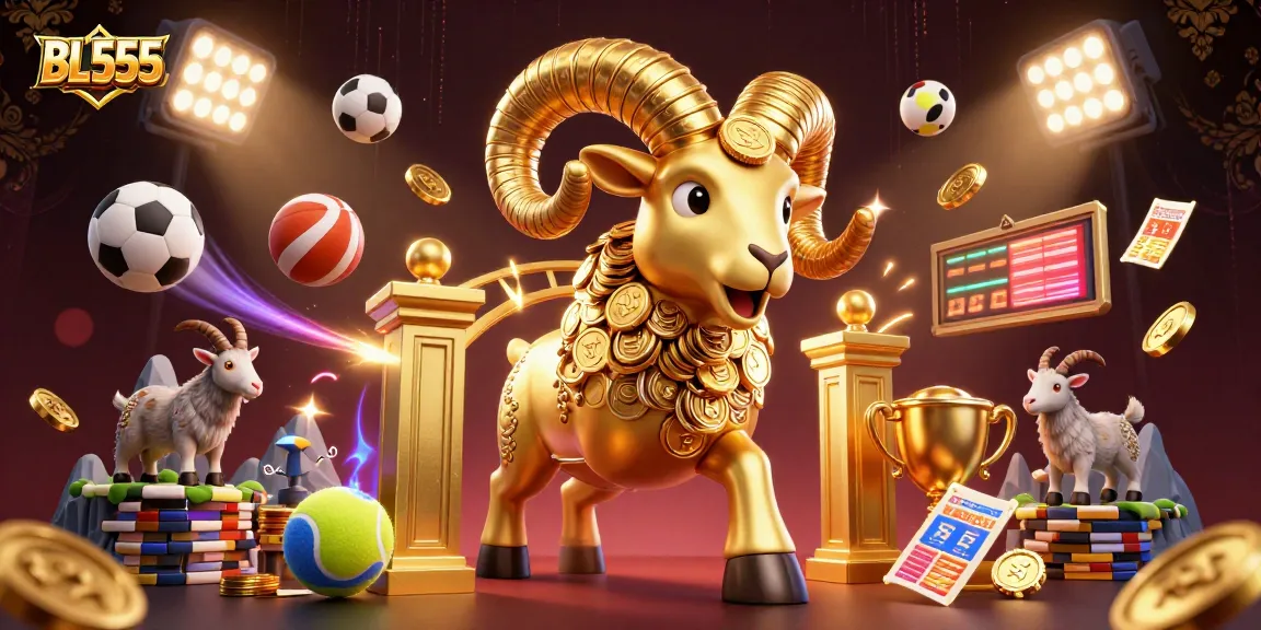 Experience winning at BL555 with a golden ram charging through a dynamic casino scene filled with excitement.