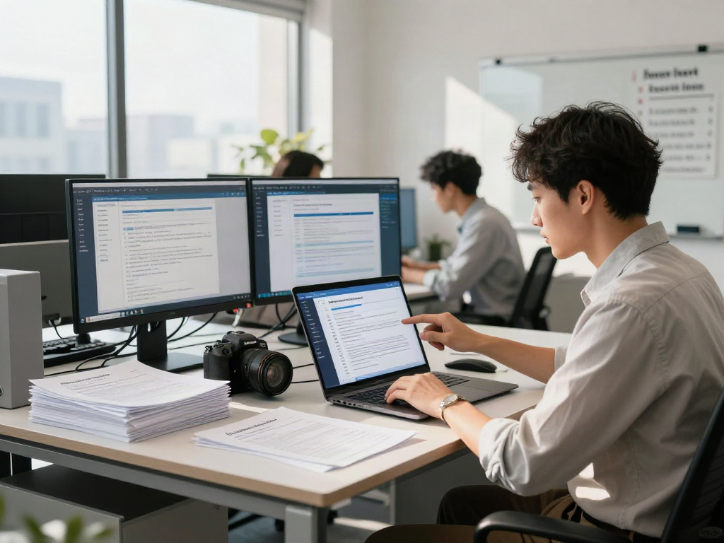 Professional analyzing document fraud detection solution during verification process at a modern office desk.