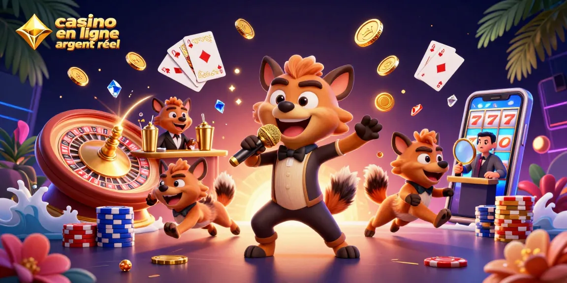 Casino en ligne avec de l'argent réel : hyènes amusantes animant un casino spectaculaire avec des éléments de jeu étincelants.