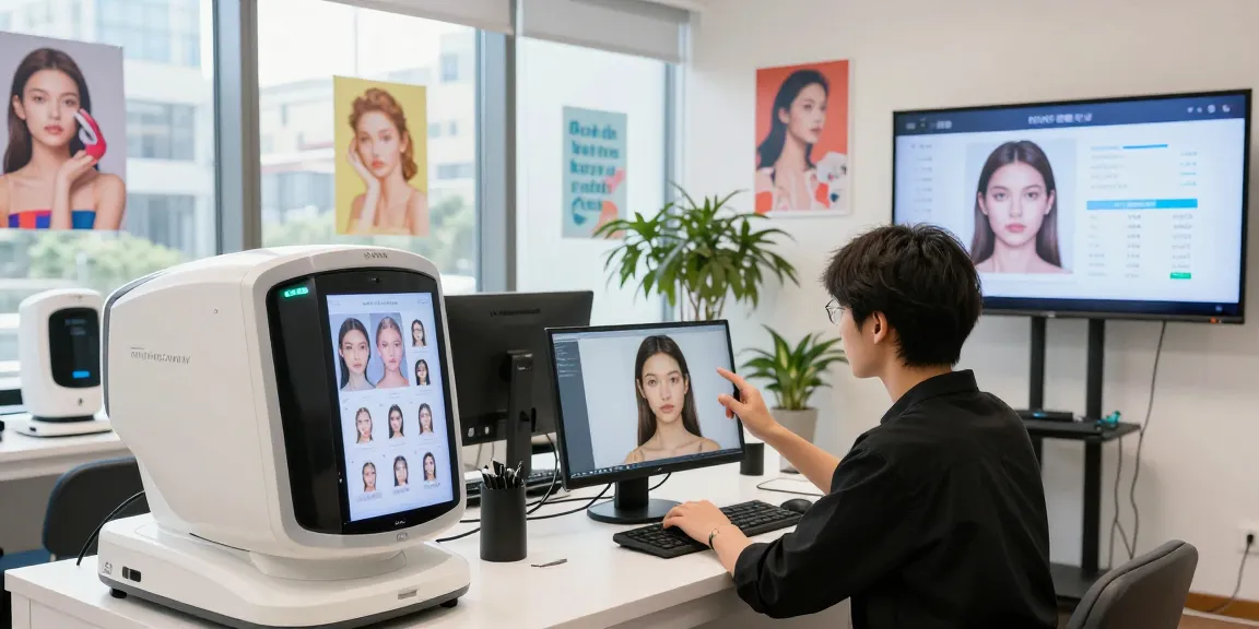 Young adult engaging in an attractive test at a modern beauty studio with tech tools and skin analysis.