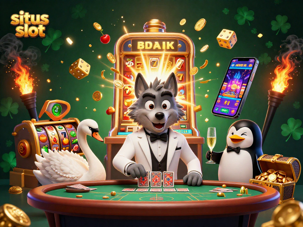 Experience situs slot action with vibrant characters at a lively baccarat table surrounded by exuberant gaming elements.
