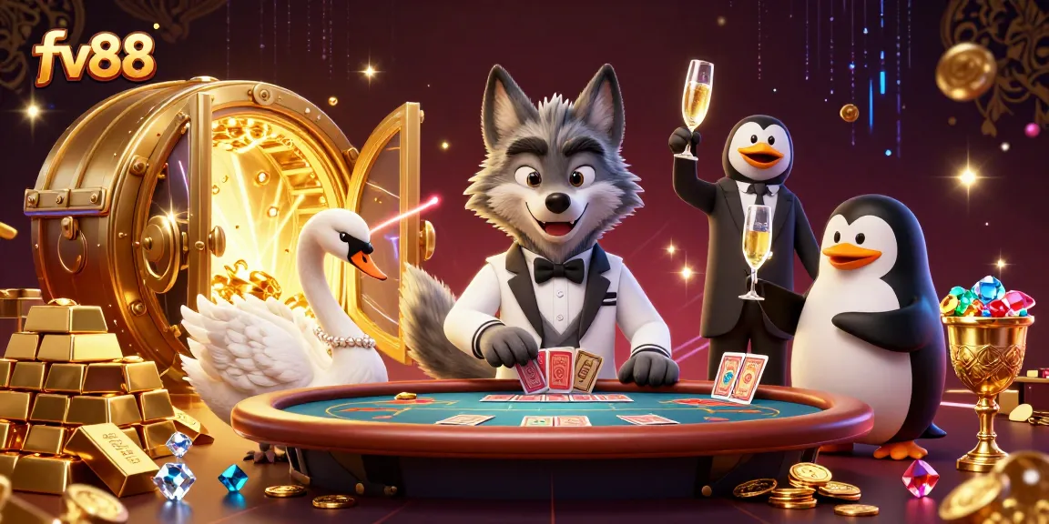 Experience thrilling baccarat action with fv88's debonair characters and treasure in a luxurious casino scene.