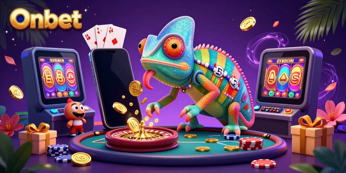Experience Onbet's thrilling casino world as a chameleon owner catches golden coins amidst vibrant slot games.