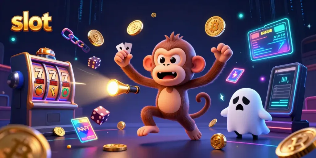 Slot berwarna cerah dengan karakter monyet poltergeist dan anjing pemburu hantu di kasino bertema hantu.