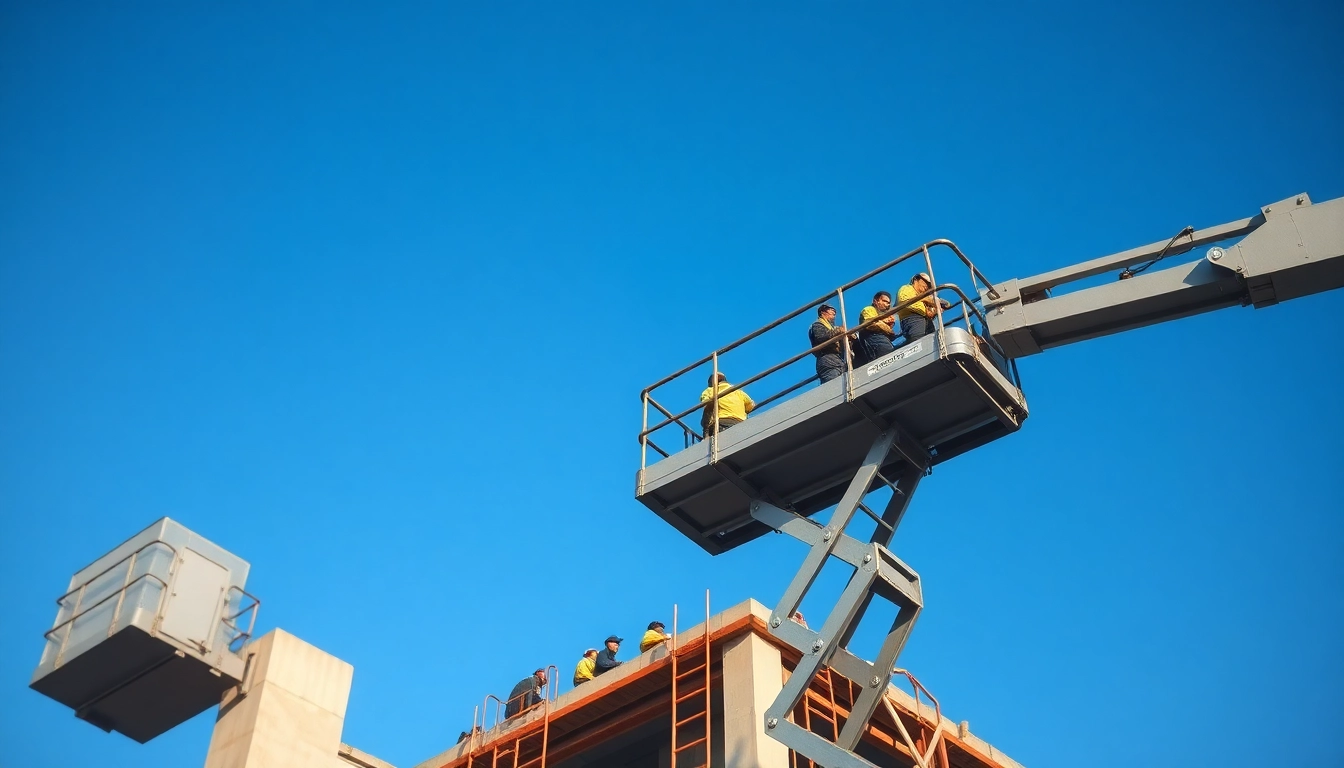 Cherry picker elevates workers safely for high installations in a construction environment.