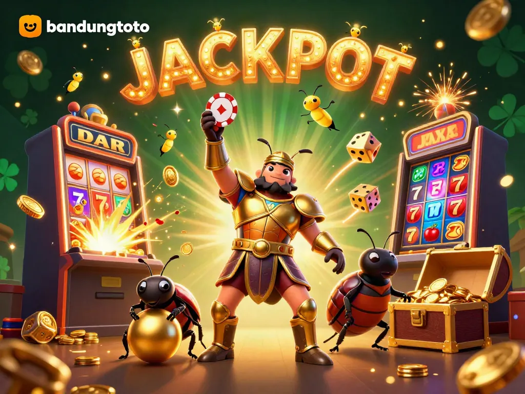 Experience the excitement of bandungtoto with vibrant casino elements and a triumphant beetle hero.