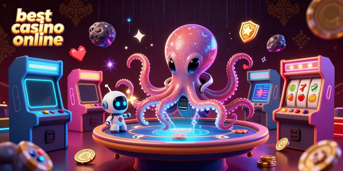 Engaging illustration of the best casino online, featuring a cosmic octopus at a high-tech poker table surrounded by vibrant machine displays.