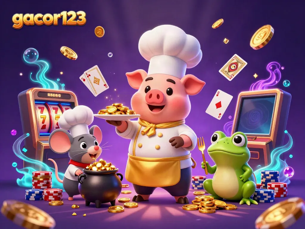Engage with gacor123 as a chef pig serves gold coins in a vibrant casino scene.
