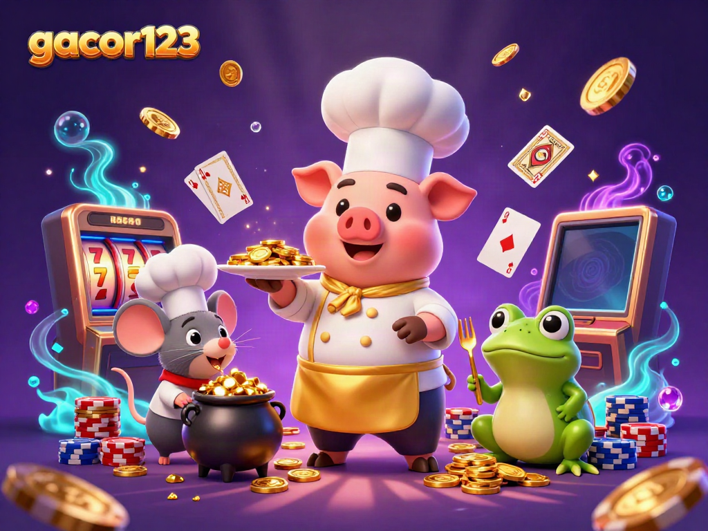 Engage with gacor123 as a chef pig serves gold coins in a vibrant casino scene.