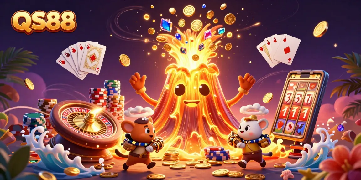 Experience the excitement of QS88 with a vibrant 3D casino illustration featuring dynamic gameplay and colorful elements.