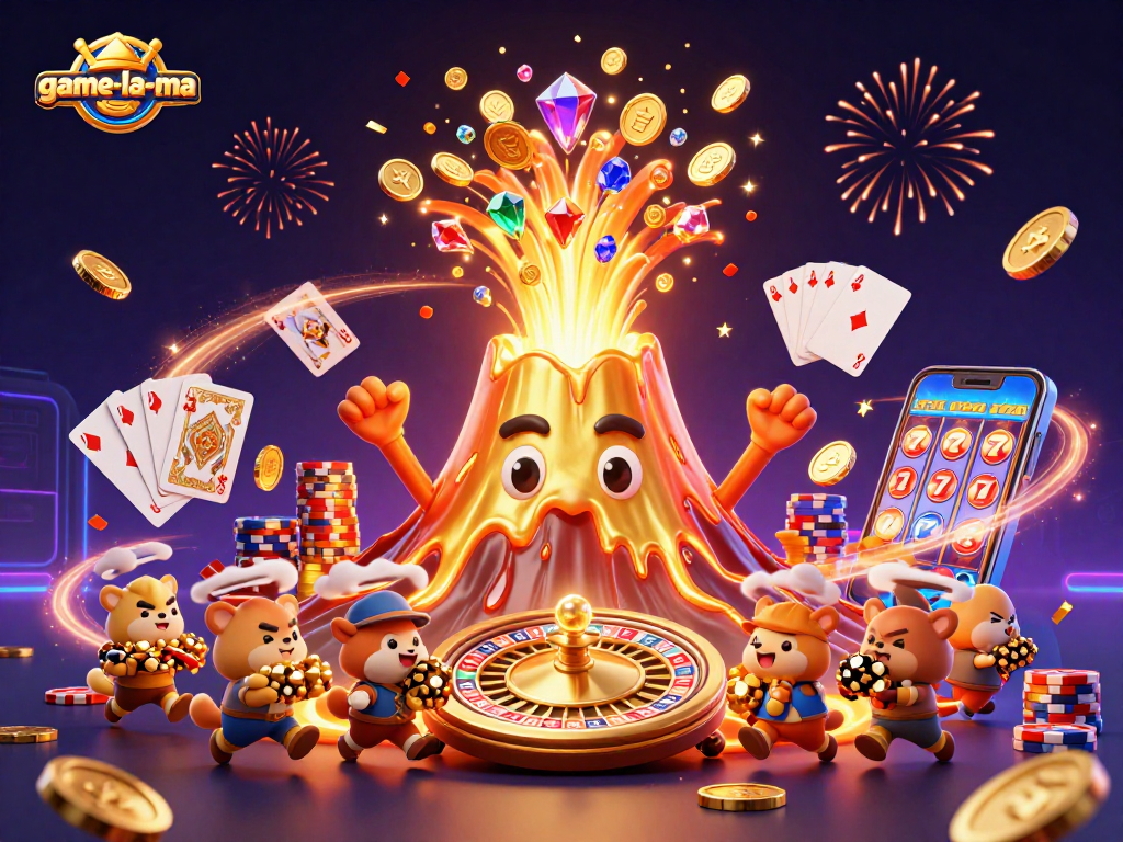 Experience thrilling wins with game-la-ma's energetic casino illustration showcasing vibrant gaming elements.
