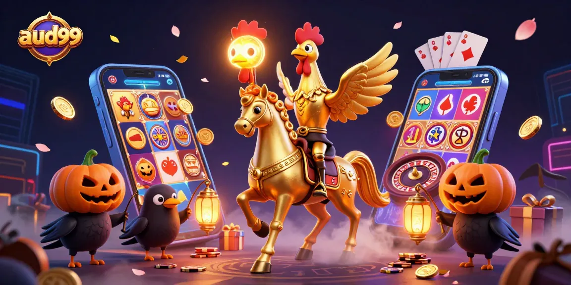 Experience aud99 action as a golden rooster leads through a vibrant casino filled with slot games.