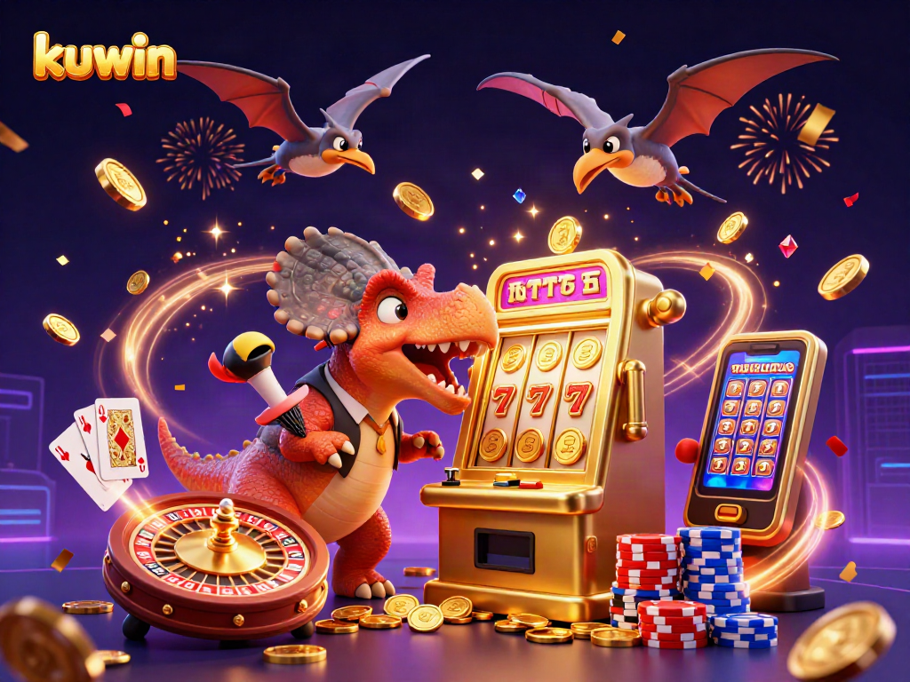Kuwin's pachycephalosaurus wins jackpots, surrounded by vibrant casino elements in a thrilling scene.