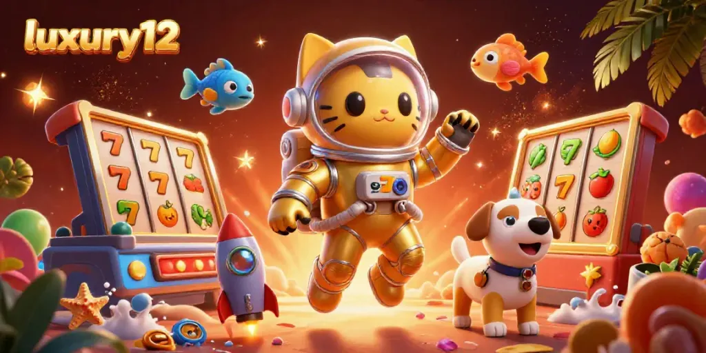 Engage with luxury12 in a vibrant casino universe featuring slot machines and animated characters.