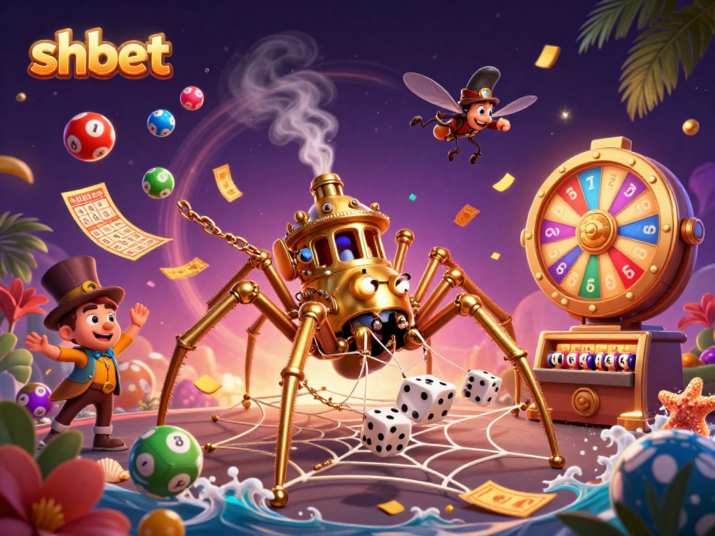 Catch thrilling shbet gaming moments with golden spider and vibrant lottery elements in this rich 3D illustration.