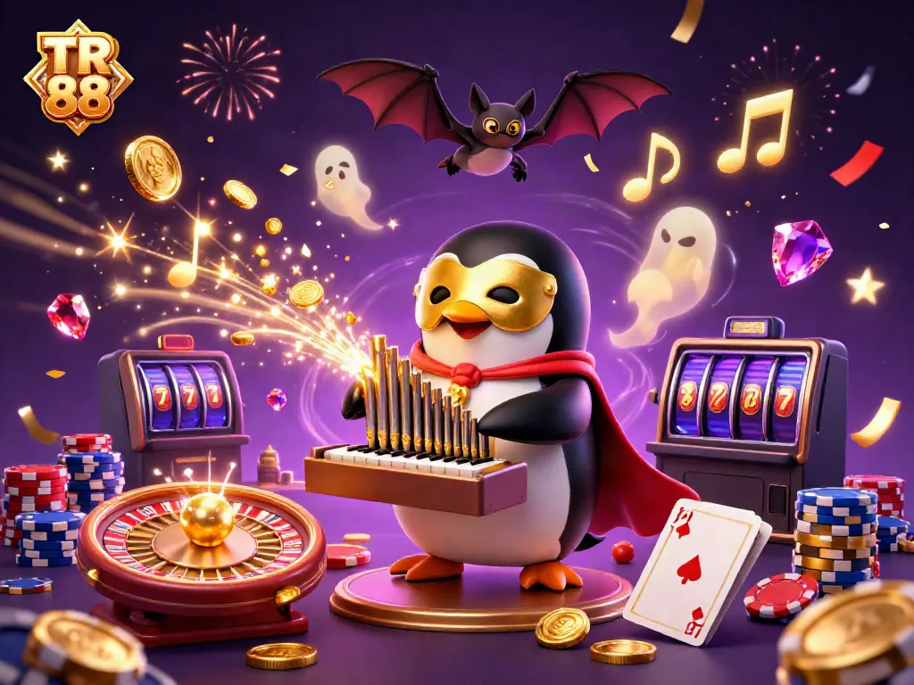 Play and win at TR 88 with exciting games, featuring a penguin organist at a dazzling casino scene.