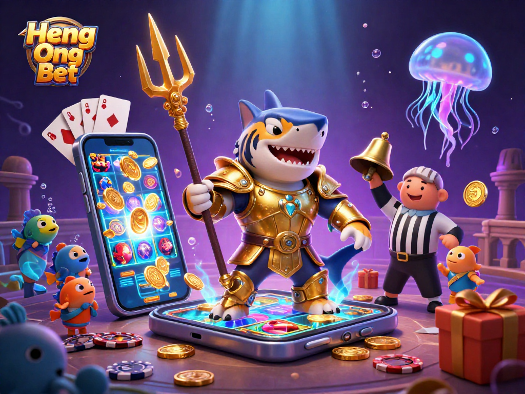 Experience thrilling action with Heng Ong Bet’s vibrant underwater casino scene featuring a tiger shark.
