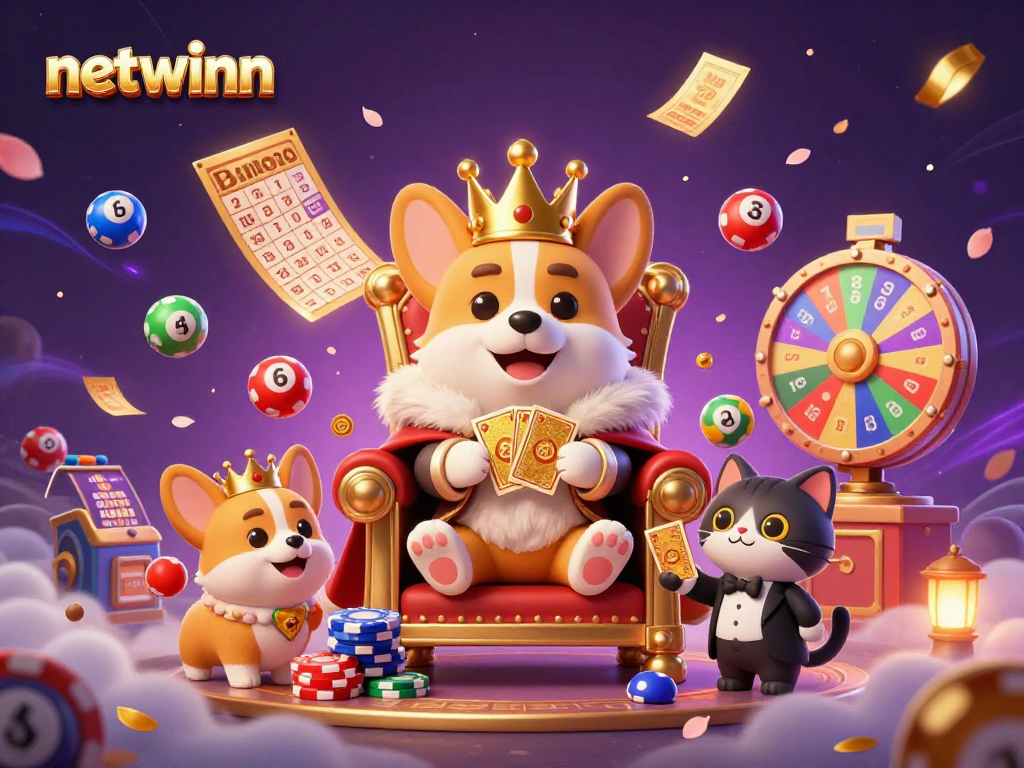Experience the excitement of netwinn with vibrant lottery and bingo elements around royal gaming characters.