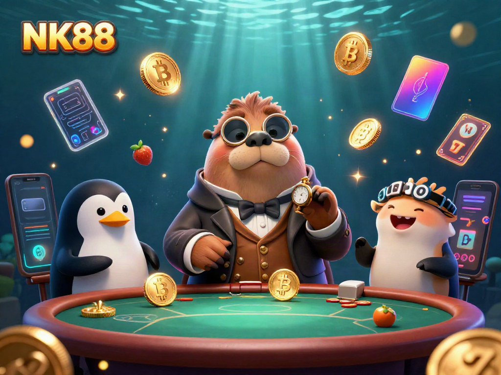 Experience thrilling gameplay at NK88 with a lively underwater casino scene featuring a walrus and engaging game elements.