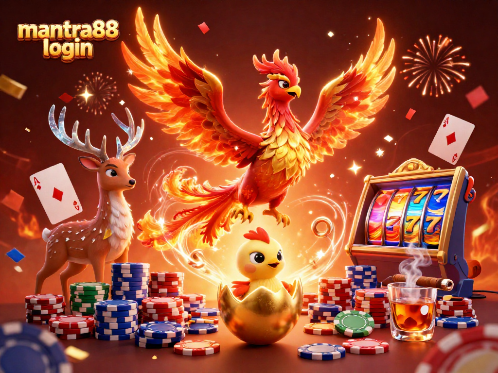 Experience excitement in the mantra88 login scene featuring vibrant slot reels and winning poker hands.