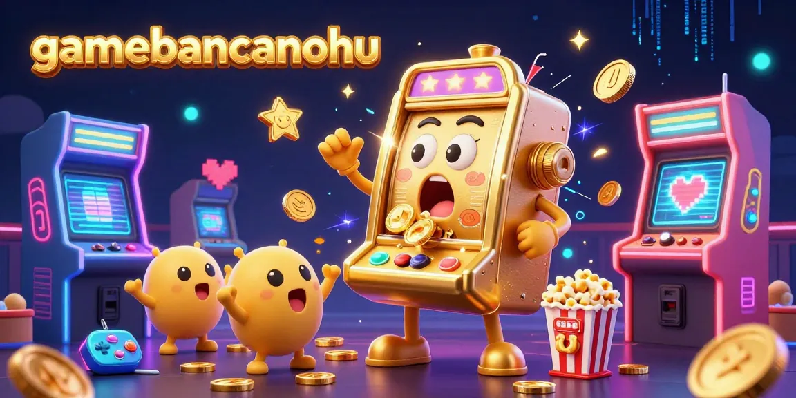 gamebancanohu engaging in a dynamic jackpot celebration with a cheerful slot machine and arcade elements