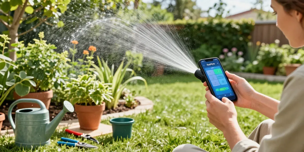 Using the Rainpoint smart sprinkler controller in a vibrant garden to set efficient watering schedules.
