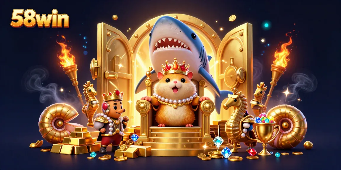 Experience the excitement of 58win with a fierce hamster king amid treasures and vibrant casino elements.