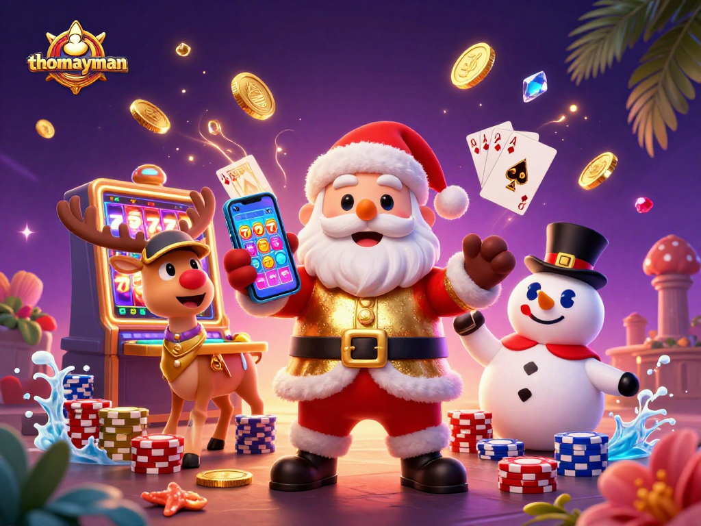 Experience the excitement of thomayman with Santa Claus and friends celebrating jackpot wins in a dazzling casino.
