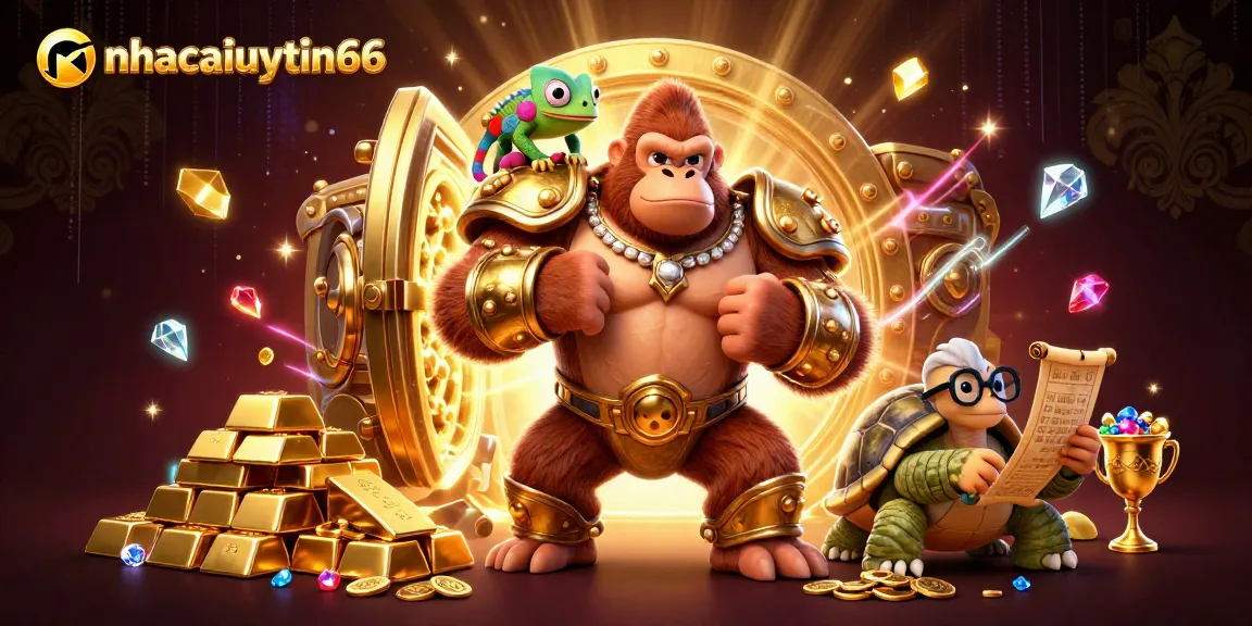 nhacaiuytin66 features a powerful gorilla king, a chameleon spy, and a wise tortoise celebrating gambling victories amidst treasures